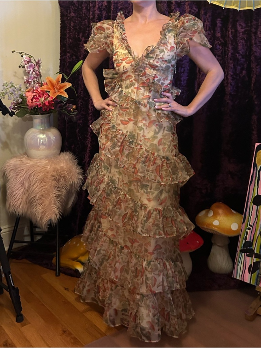 Selkie Floral Ruffle Tiered Maxi Dress in Cream, Green and Pink